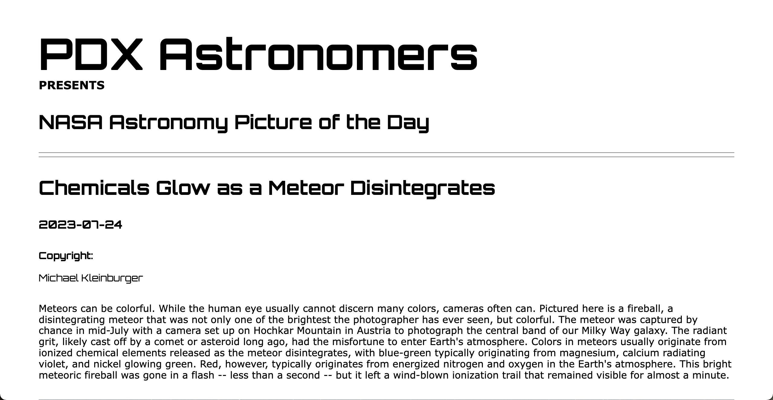 screenshot of PDX Astronomers website